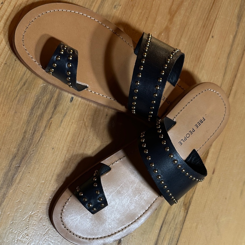 Free People Black Leather Double-Stud Slide Sandals